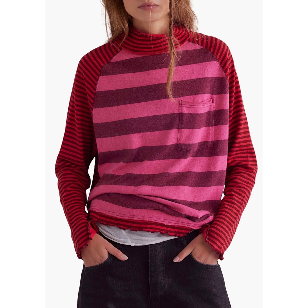 Free People We The Free Punk Playful Tee Stripes Pink Red Boho Womens Size Small
